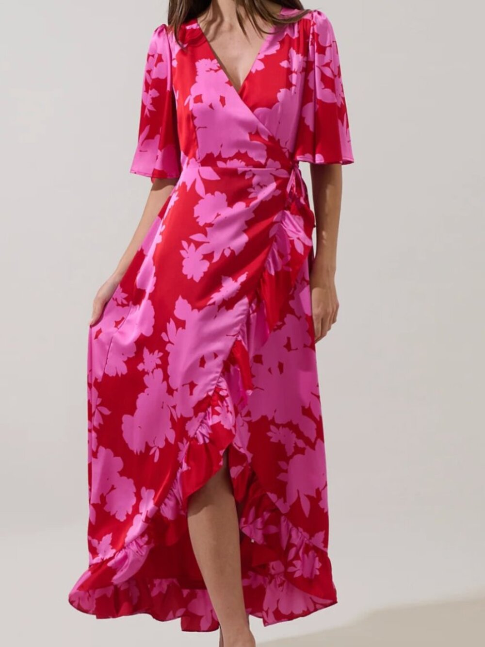 Sugarlips Pink Red Floral Wrap Maxi Dress